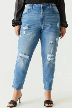 Stitches Ladies Bottoms Plus Size High Rise Distressed Mom Jean