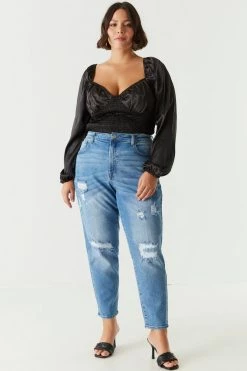 Stitches Ladies Bottoms Plus Size High Rise Distressed Mom Jean