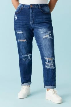 Stitches Ladies Plus Size Distressed Dark Wash Mom Jean