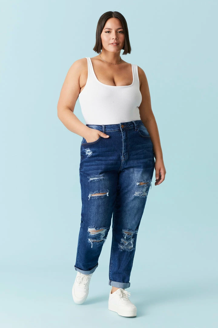 Stitches Ladies Plus Size Distressed Dark Wash Mom Jean 1 Stitches Ladies Plus Size Distressed Dark Wash Mom Jean