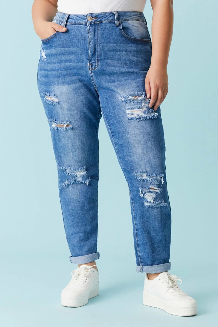 Stitches Ladies Plus Size Distressed Medium Wash Mom Jean Bottoms 2 Stitches Ladies Plus Size Distressed Medium Wash Mom Jean Bottoms