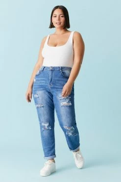 Stitches Ladies Plus Size Distressed Medium Wash Mom Jean Bottoms