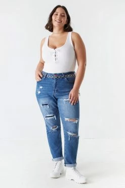 Stitches Ladies Bottoms Plus Size Distressed Medium Wash Denim Boyfriend Jean