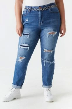 Stitches Ladies Bottoms Plus Size Distressed Medium Wash Denim Boyfriend Jean