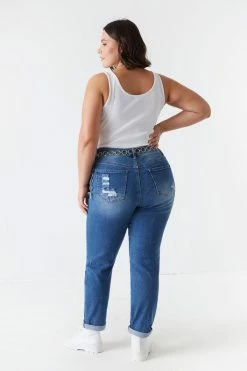 Stitches Ladies Bottoms Plus Size Distressed Medium Wash Denim Boyfriend Jean