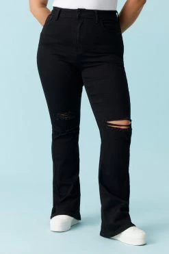 Stitches Ladies Plus Size Distressed Black Wash Flare Jean Bottoms