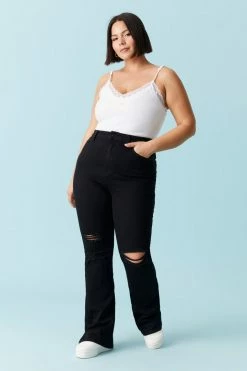 Stitches Ladies Plus Size Distressed Black Wash Flare Jean Bottoms