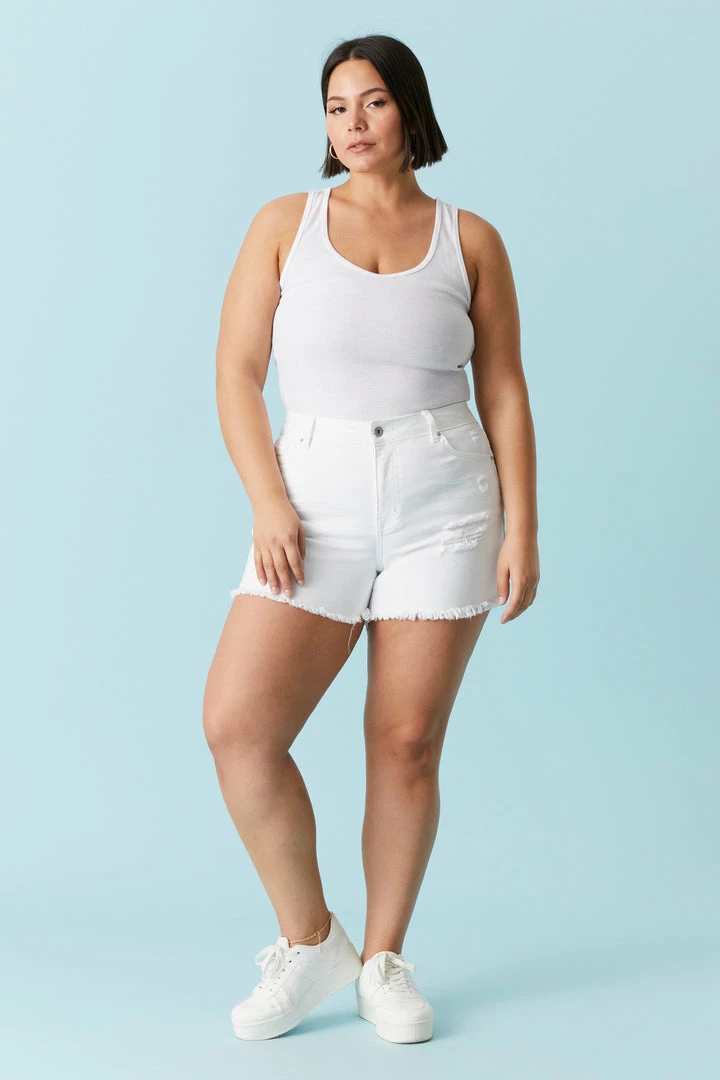 Stitches Ladies Plus Size Distressed Raw Hem White Wash Denim Short 3 Stitches Ladies Plus Size Distressed Raw Hem White Wash Denim Short