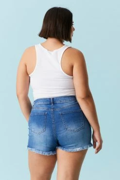 Stitches Ladies Bottoms Plus Size Distressed Raw Hem Medium Wash Denim Short