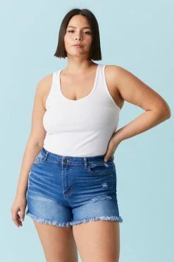 Stitches Ladies Bottoms Plus Size Distressed Raw Hem Medium Wash Denim Short