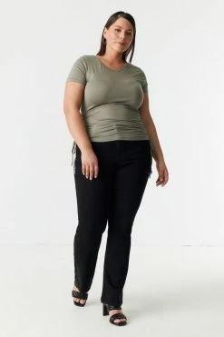 Stitches Ladies Tops Plus Size Side Ruched Scoop Neck T-Shirt