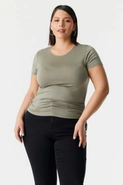 Stitches Ladies Tops Plus Size Side Ruched Scoop Neck T-Shirt
