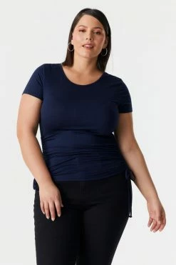 Stitches Ladies Tops Plus Size Side Ruched Scoop Neck T-Shirt