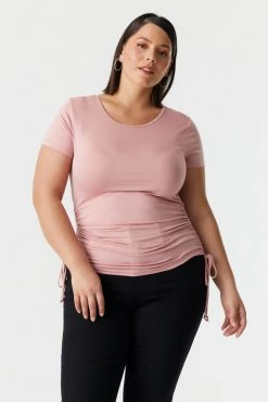 Stitches Ladies Tops Plus Size Side Ruched Scoop Neck T-Shirt