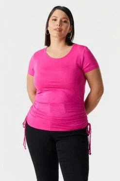 Stitches Ladies Tops Plus Size Side Ruched Scoop Neck T-Shirt